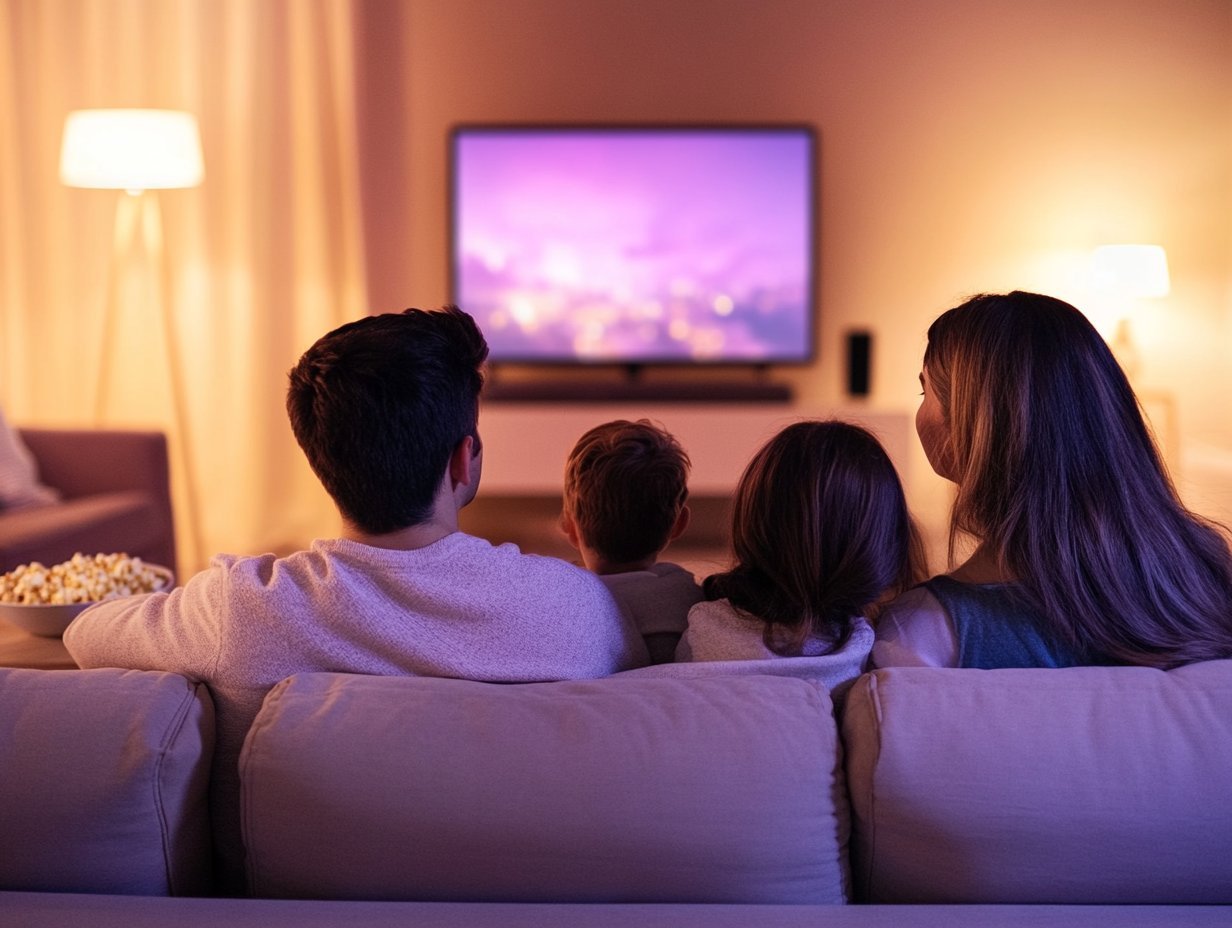 Family movie night with parents and two children